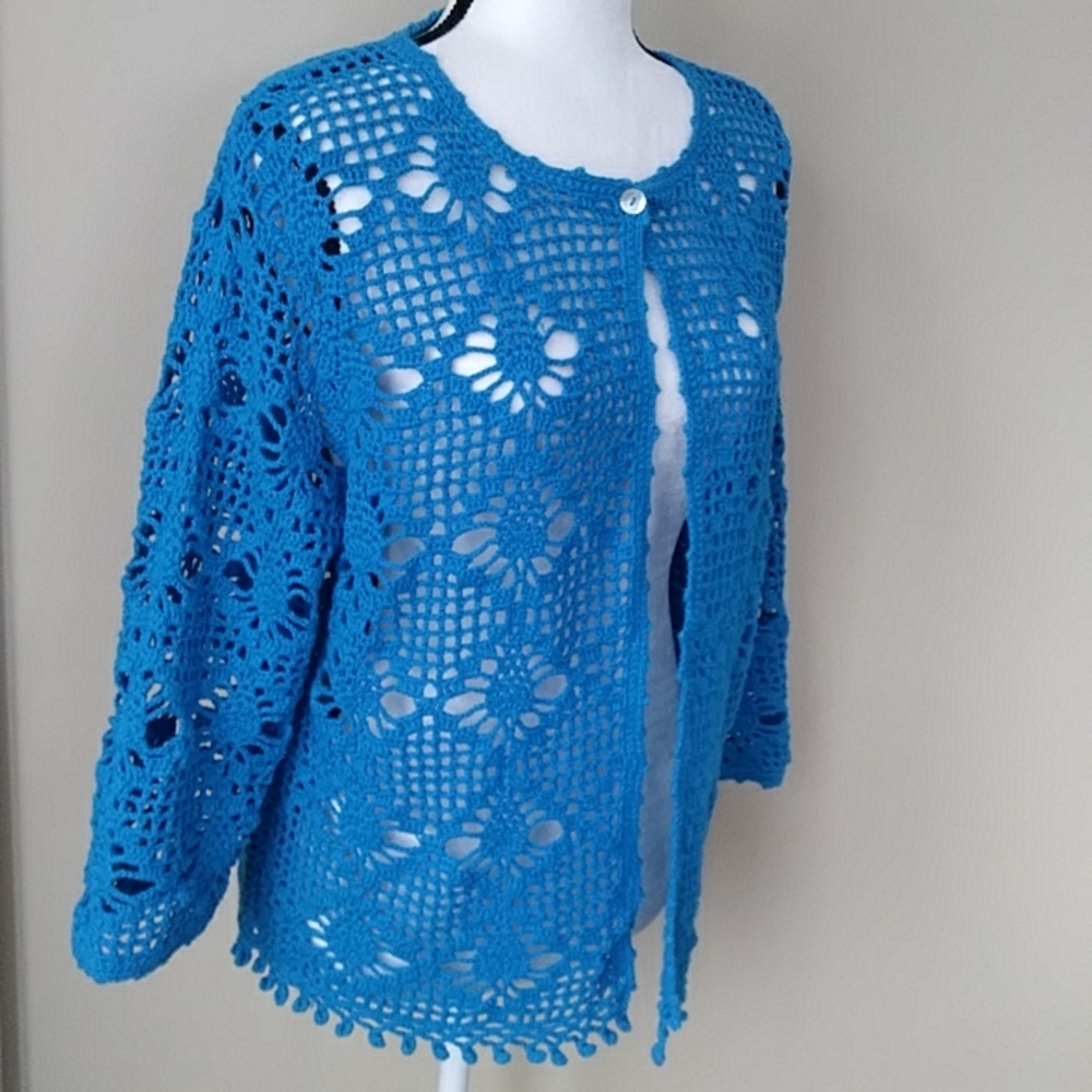 Style Studio Crochet Open Weave Cardigan Sweater 1X Blue